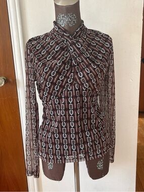 INC International Concepts Brown Geometric Twist-Neck Long Sleeve Blouse